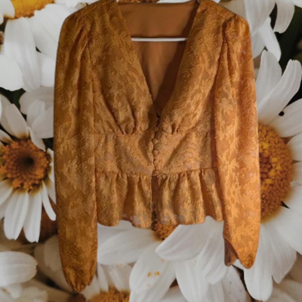 Shein medium long sleeve lined gold woman's button down front blouse.